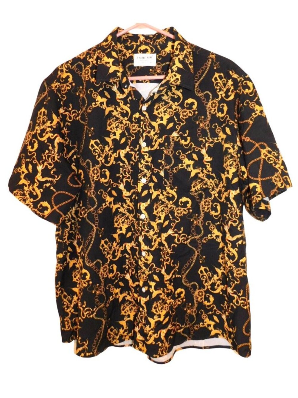 Fohemr Men’s XL Black Gold Baroque Chain Print Button Up Shirt Short Sleeve